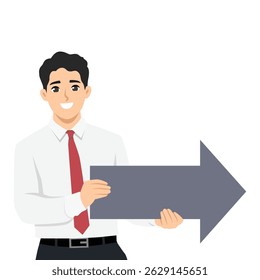 Empresário está segurando uma grande seta apontando para a direita, sugerindo direção ou orientação. Ilustração de caractere de vetor plano
