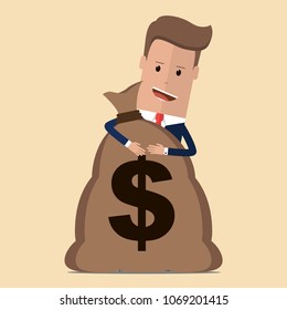 Businessman holding a large bag full of money. Vector illustration