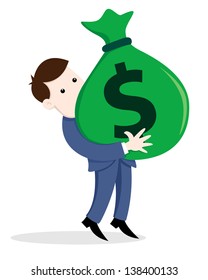 Businessman holding a large bag full of money, vector illustration
