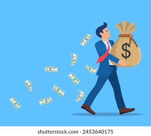 Hombre de negocios sosteniendo Grande bolso lleno de dinero. Empresario con un gran saco lleno de dinero. Crecimiento, ingresos, ahorro, inversión. Símbolo de riqueza. Éxito empresarial. Ilustración vectorial en estilo plano.