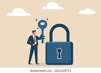 Businessman holding a large key beside a padlock, symbolizing unlocking opportunities, solutions,   solving problems, achieving goals, finding solutions, business strategy, and access to opportunities