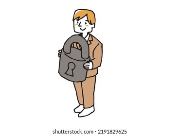 A businessman holding large key A person holding large item seen from above