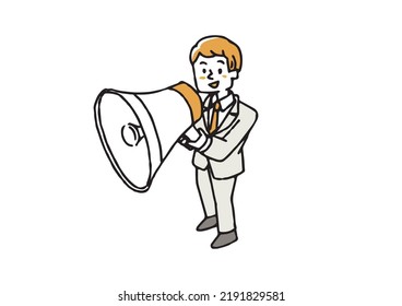 A businessman holding a large loudspeaker A person holding a large item seen from above