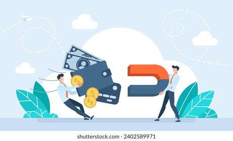 Businessman holding large magnet and attract money form partnership. Money magnet, power to attract business opportunity and earn more profit or increase wealth. Attract, Scam. Vector illustration