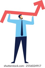 Businessman holding a large red arrow pointing upwards, representing positive growth, success, and achievement in the realms of business and finance. Symbolizing progress and ambition