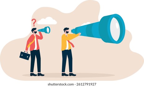 businessman holding large telescope and businessman holding small telescope

