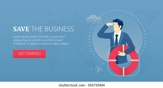 Businessman Holding A Life Preserver And Looking Forward With The Hand On Forehead. Vector Illustration Of Company Rescue Mission. Banner Template Of Business Metaphor