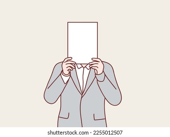 Businessman holding lift up cover face white blank banner paper simple korean style illustration