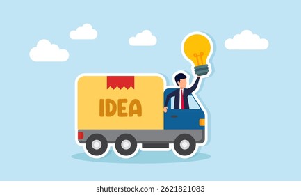 Businessman holding a light bulb appearing from the window of a delivery truck labeled IDEA illustration of a great business idea offer for business development
