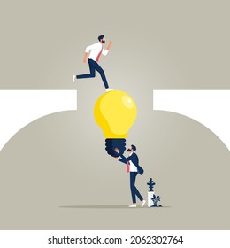 Businessman holding light bulb bridging the gap for partner walking across cliff, Business support and teamwork vector concept