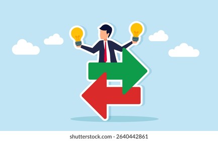 Businessman holding light bulb emerging between two opposite arrows illustration of sharing business ideas