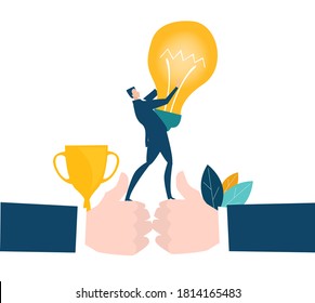 Businessman holding up light bulb. First place, the best banker. Business people get awards. 