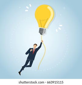 businessman holding a light bulb flying in the sky, creative concepts