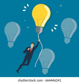 businessman holding a light bulb flying in the sky, creative concepts