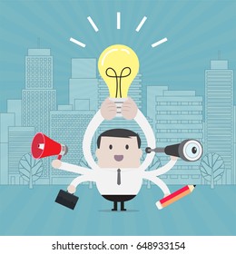 Businessman holding light bulb idea and tool for work - Vector