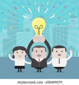 Businessman holding light bulb idea with team work - Vector