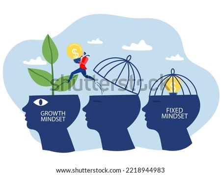 Businessman holding light bulb idea with jumping from move on different fixed mindset to growth mindset on head human concept vector illustrator