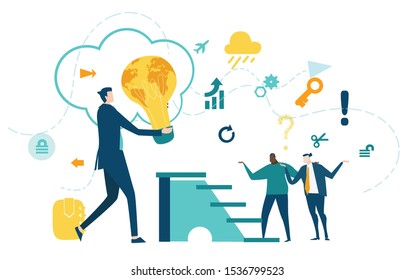 Businessman holding light bulb with map   as symbol of international business, growth idea, and working together concept. Collection of business people in action.