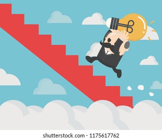 Businessman holding a light bulb up the red stairs through the clouds.