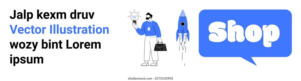 Businessman holding light bulb with rocket launch next to him and shop icon on the right. Ideal for e-commerce, startup, business ideas, innovation, and online shopping. Banner for landing page