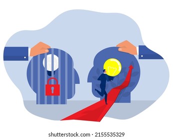 Businessman holding light bulb running on red the arrow to Big head human think growth mindset different fixed mindset concept vector