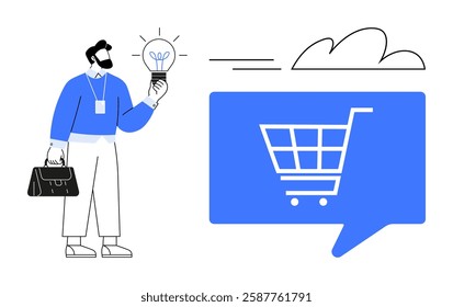 Businessman holding a light bulb with a shopping cart inside a speech bubble, symbolizing innovative e-commerce solutions. Ideal for e-commerce, business strategy, marketing, innovation, online