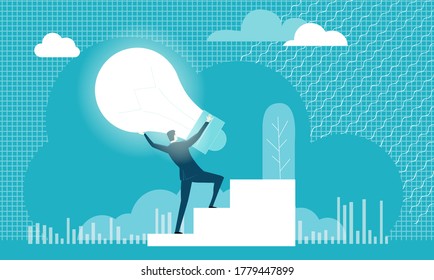 Businessman holding up light bulb. Start up. Business, finance industry background with business people working and solving the problems, workflow management. Leadership and business concept