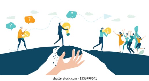 Businessman holding light bulb as symbol of new idea and delvering of the result into business. Improvement and working together concept. Collection of business people in action.