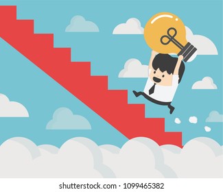 Businessman holding light bulb walks up stairs , Business Success concept