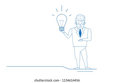 businessman holding light lamp new idea concept business man silhouette sketch doodle horizontal full length vector illustration