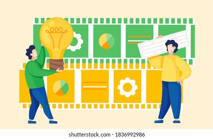 Businessman holding lightbulb balloon concept of get idea. Business creative intention flat vector. Man raised up burning light bulb overhead. Great idea business solution innovate technology