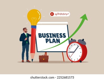 Businessman holding lightbulb idea pencil about to write business plan on whiteboard. To list idea, strategy and develop plan to success and win business. Flat vector illustration.
