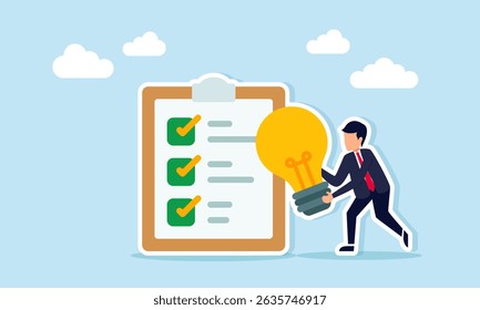 Businessman holding a lit lamp next to a document board with a checklist showing the right business idea implementation to improve work effectiveness