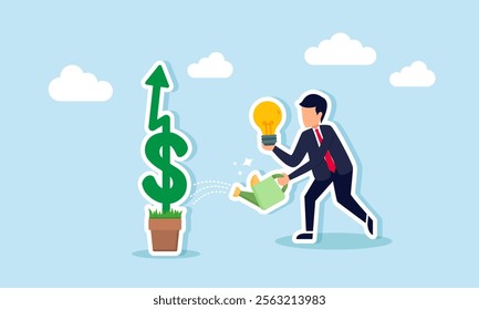 A businessman holding a lit lamp watering dollar plants, illustration of how business ideas and innovations can boost company financial growth