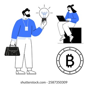 Businessman holding a lit light bulb and briefcase, woman sitting on a block using a laptop, Bitcoin symbol representing cryptocurrency. Ideal for finance, innovation, technology, teamwork