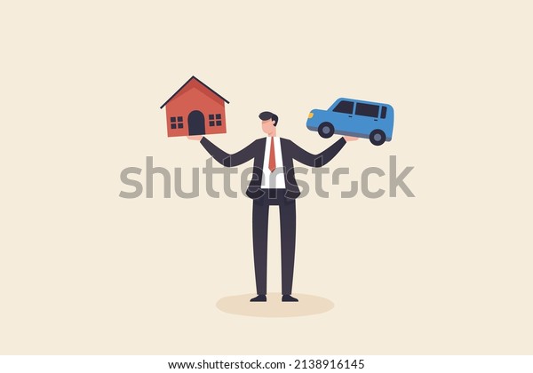 Businessman holding loan house and car.\
Financial and business risk, banking loan and debt risk, stability\
or balance of\
economics.