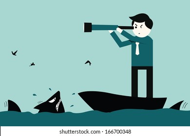 Businessman holding and looking through telescope, thinking on the boat, surround with shark. Business concept on vision in dangerous situation. 