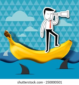 Businessman holding and looking through telescope, thinking on the banana boat , surround with shark. Business concept on vision in dangerous situation. 