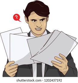 Businessman holding lots of paper in hand, confused vector illustration