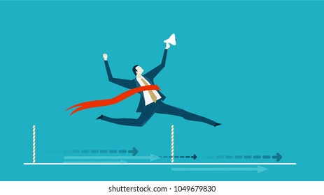 Businessman holding up loudhailer and running first on the finish line. Winning concept business illustration 