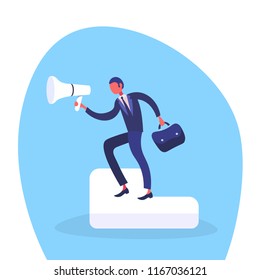 businessman holding loudspeaker information announcing concept marketing promotion man team leader cartoon character flat vector illustration