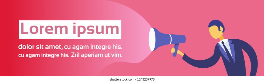 Businessman holding loudspeaker information announcing concept. Marketing promotion man team leader cartoon character.  Flat horizontal banner copy space