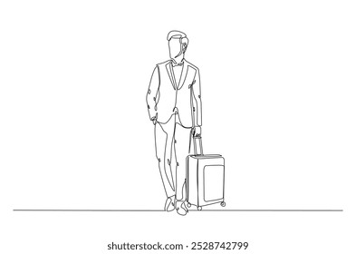 Businessman holding Luggage bag in continuous one line drawing. Business trip or travel concept. Editable vector.