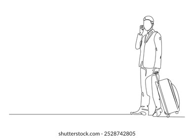 Businessman holding Luggage bag in continuous one line drawing. Business trip or travel concept. Editable vector.