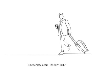 Hombre de negocios que sostiene el bolso del equipaje en el dibujo continuo de una línea. Viaje de negocios o concepto de viaje. Vector editable.