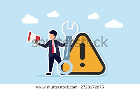 Businessman holding machine key and using megaphone to promote message near attention sign illustration of education and extra vigilance in business operations