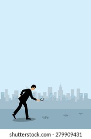A businessman holding a maginfying glass and following a trail of Dollar symbols to the city.