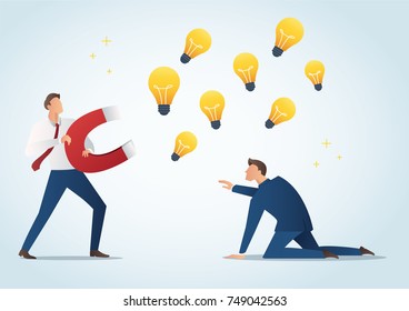 businessman holding magnet attract light bulbs steal work from colleague, plagiarism vector illustration