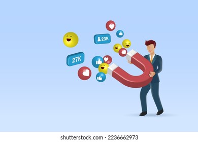 Businessman holding magnet attract love, like icons and followers. Social media marketing, attraction, acquisition and retention strategy. 3D realistic vector.