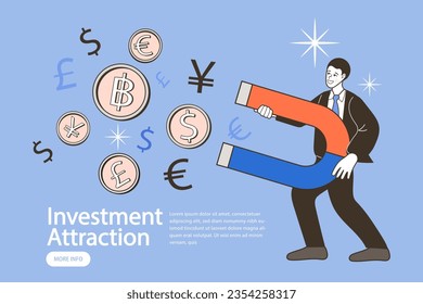 Businessman holding a magnet to attract money. Investment attraction. Business man holding a big magnet and attracting money. Magnetic force. Earn money. Profit, income. various world currencies.